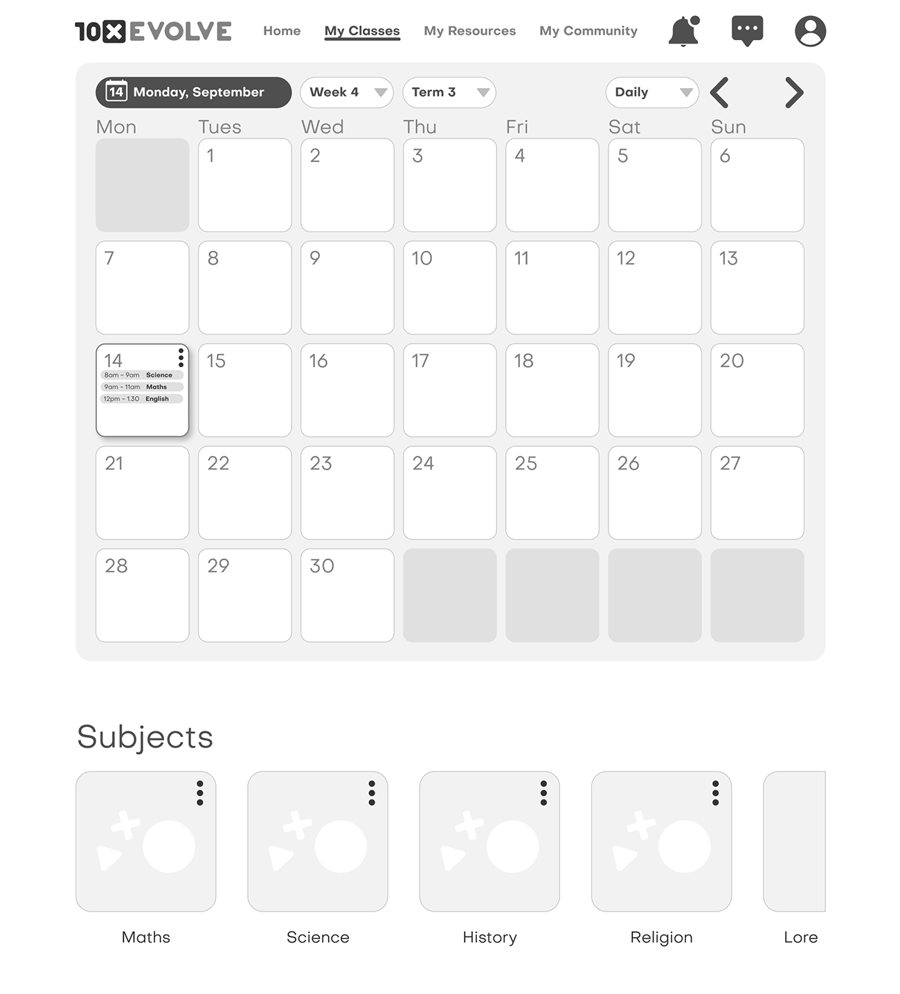 10xEvolve Student monthly calendar